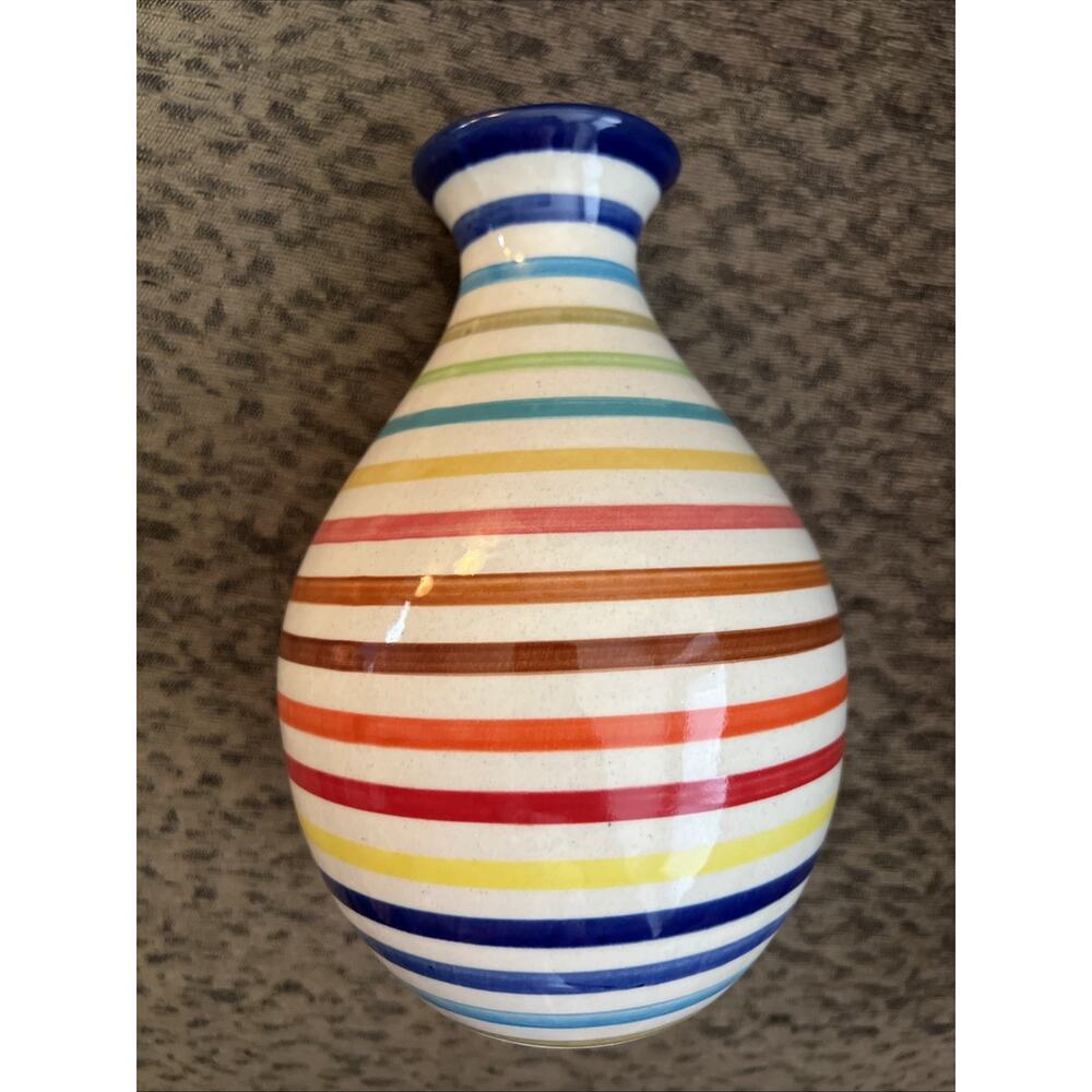 VINTAGE POTTERY STRIPE FIESTA COLORS VASE BRIGHT HANDPAINTED DETAIL MCM